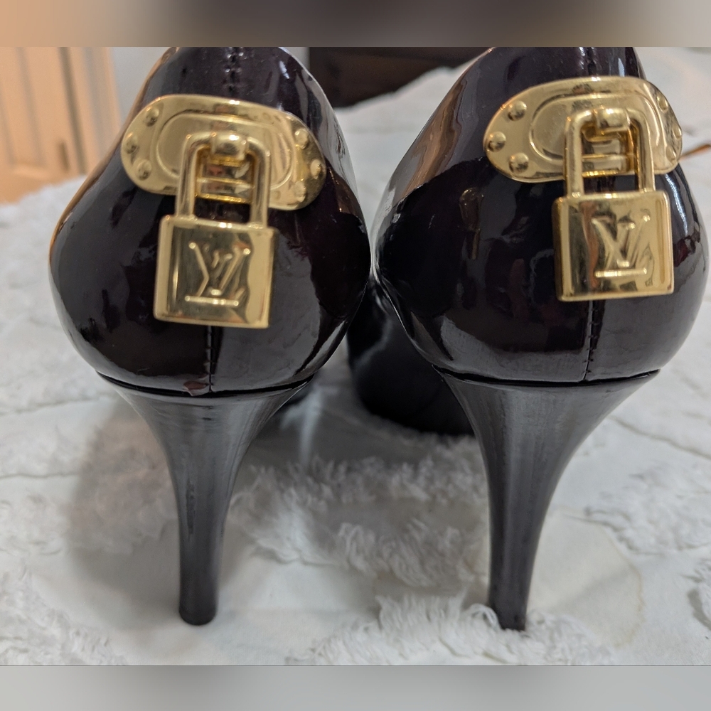 Louis Vuitton Patent Leather Peep Toe Heels in Deep Burgundy - Picture 2 of 7